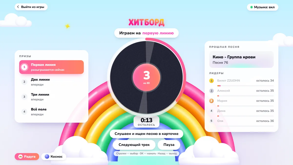 Экран игры: пластинка с номером песни и таймером, призы, прошлая песня и лидеры